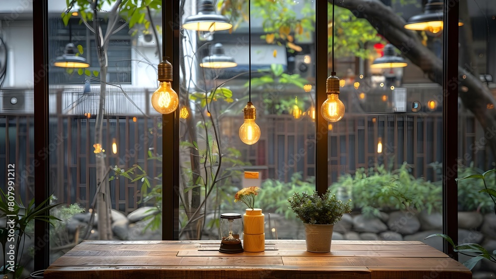 Poster cafe window setting with wooden table and light bulb as backdrop for product displays. concept cafe 