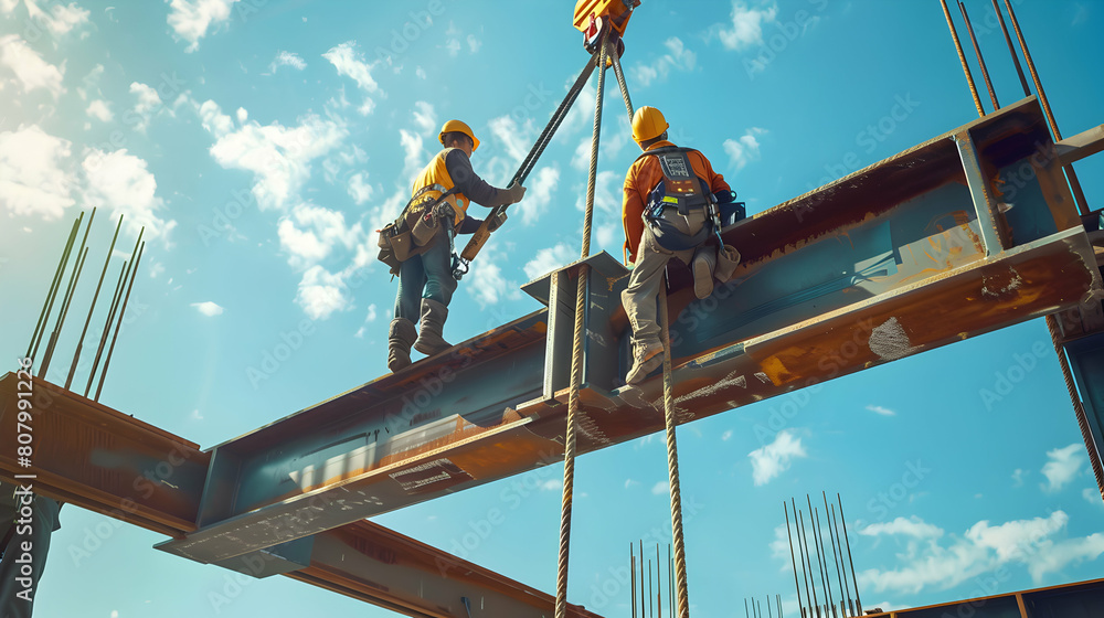 Aufkleber construction crew installing structural steel beams to establish framework for future development - 