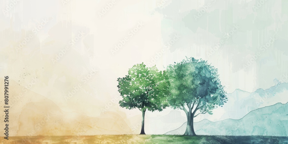 Aufkleber two trees are standing in a field with a blue sky in the background. the trees are of different colo