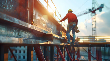 Photo realistic: Construction Crew Installing Structural Steel Beams for Future Development - obrazy, fototapety, plakaty