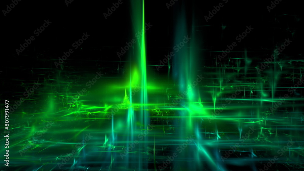 Poster vibrant display of green lasers intersecting with grid patterns against a dark background
