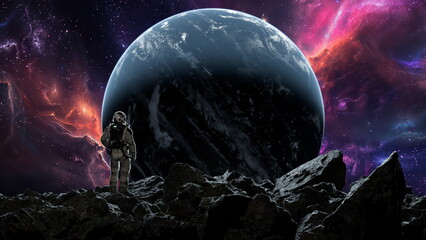 Astronaut gazes at a breathtaking celestial view with a vivid nebula and a massive planet looming...