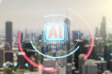 Double exposure of creative artificial Intelligence abbreviation hologram on blurry office...