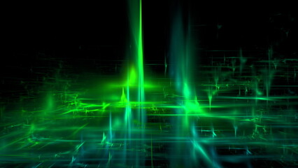 Vibrant display of green lasers intersecting with grid patterns against a dark background