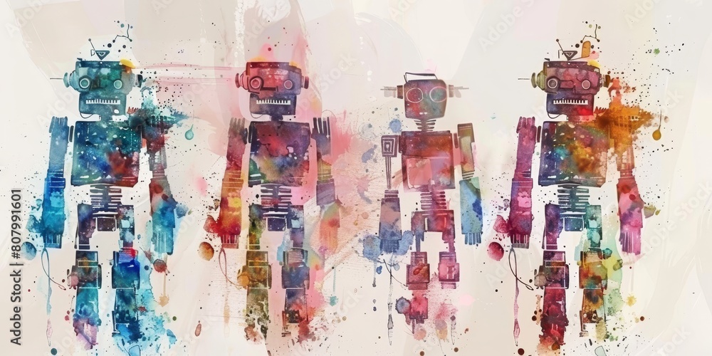 Poster Four robots with different colors and designs. The robots are all standing next to each other. The image has a playful and colorful mood