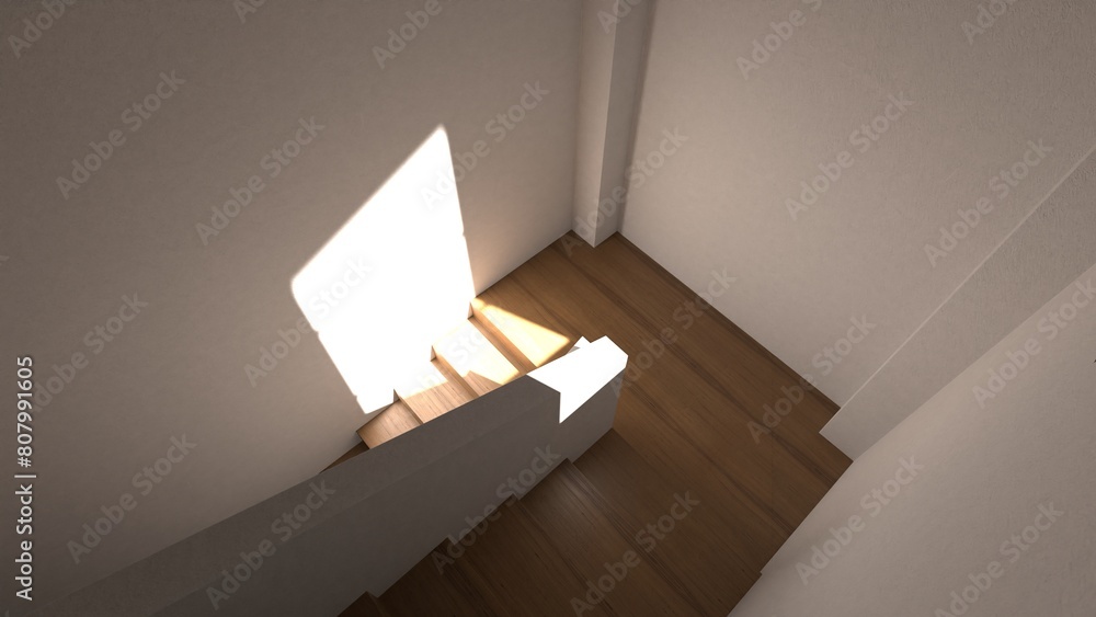 Poster bright sunlight floods in through an open door, casting sharp shadows on a bare wooden floor and pla