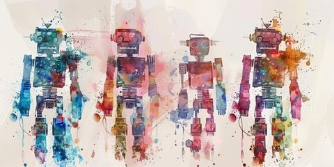 Four robots with different colors and designs. The robots are all standing next to each other. The image has a playful and colorful mood