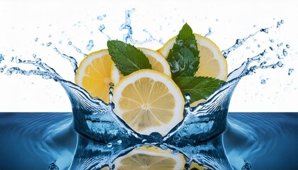 Lemon water splash isolated on a white background, Lemon fruit slice, leaves