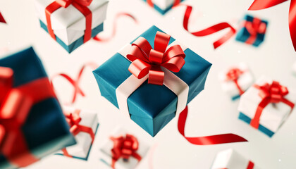 Festive blue and white gift boxes with red ribbons floating on a bright background