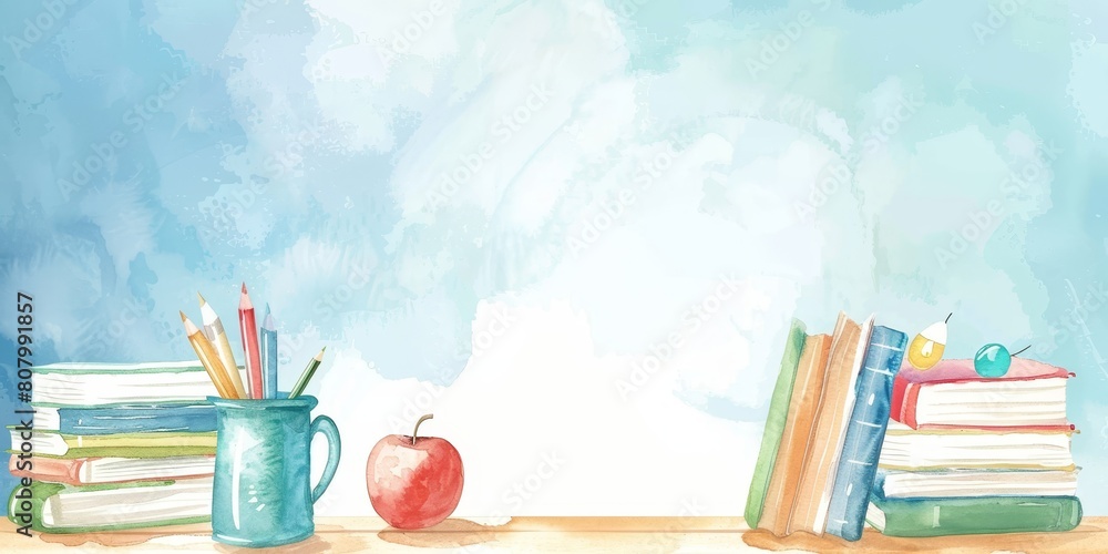 Poster a blue mug with an apple sits on a table next to a stack of books. concept of learning and education