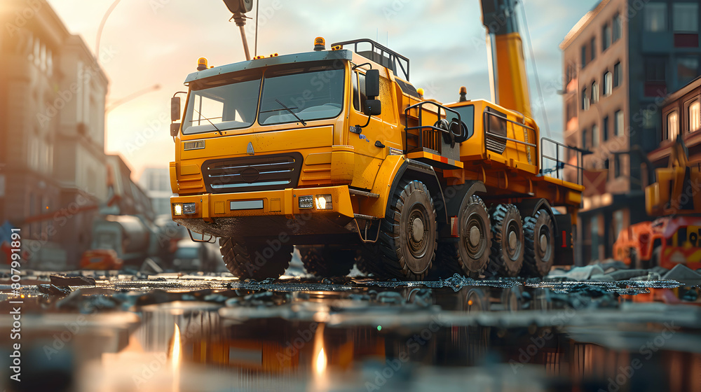 Poster exemplifying efficient construction: photo realistic crane operator moving materials demonstrates im