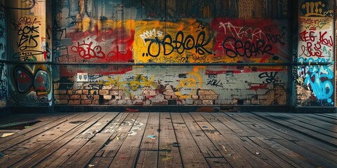 Obraz premium graffiti wall at street side, foot path with grungy rebel artwork, Generative Ai