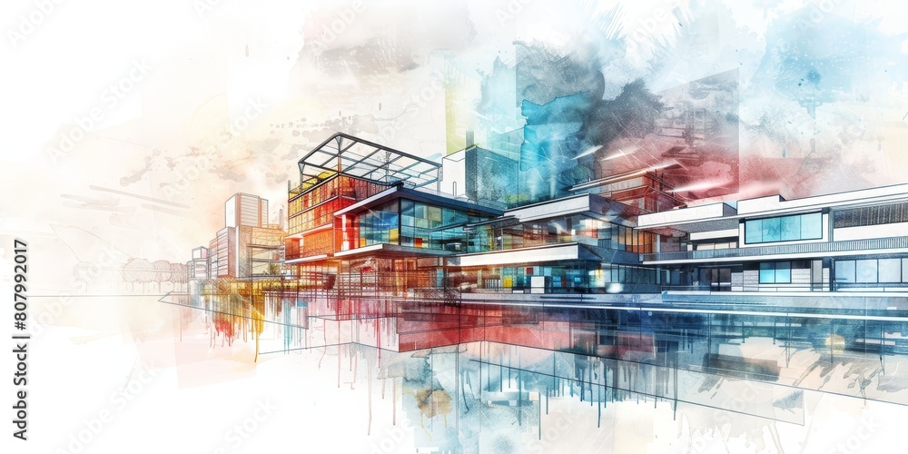 Poster a colorful cityscape with a large building in the middle. the building is surrounded by other buildi