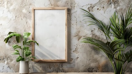 A wooden frame on a concrete wall with tropical plants on the side.