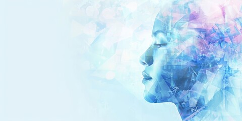 A woman's face is shown in a blue and purple background. The image is abstract and has a dreamy, ethereal quality to it