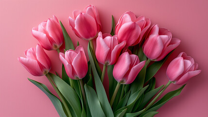Fototapeta premium A bouquet of pink tulips is arranged in a vase