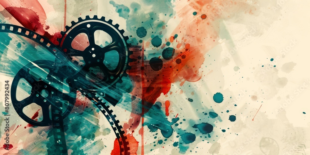 Poster a colorful background with a pair of gears on it. the gears are black and red. the background is spl