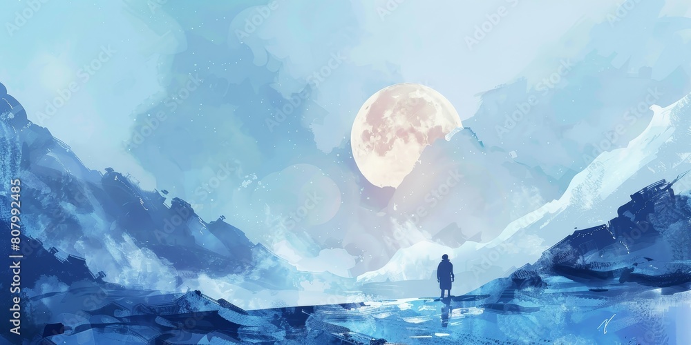 Poster a person is walking on a path in front of a large moon. the sky is blue and the mountains in the bac