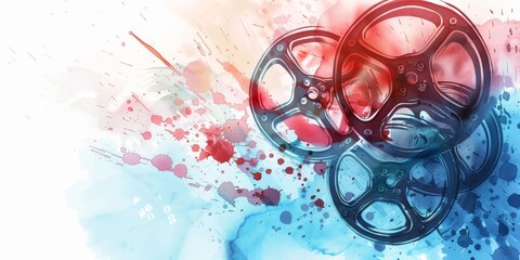 A colorful background with splatters of paint and a film reel in the center. The film reel is surrounded by three other film reels, creating a sense of motion and excitement