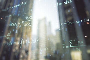 Abstract scientific formula hologram on office buildings background. Multiexposure