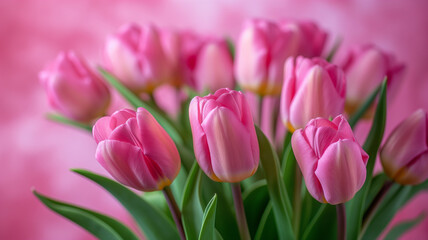 A bouquet of pink tulips is arranged in a vase