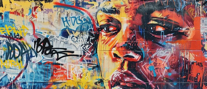 man face with messy spray painting, aerosol art , abstract street art wall graffiti style background, Generative Ai