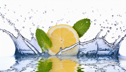 Lemon water splash isolated on a white background, Lemon fruit slice, leaves