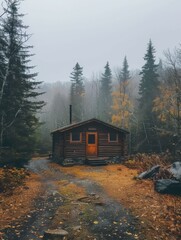 A cabin in the woods surrounded by trees and a path, AI