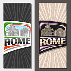 Vector vertical layouts for Rome, decorative leaflet with outline illustration of european rome city scape on day and dusk sky background, art design tourist card with unique lettering for text rome