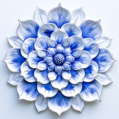 A mandala of porcelain and deep blue ink, sharp in the center against a white backdrop - Generative AI