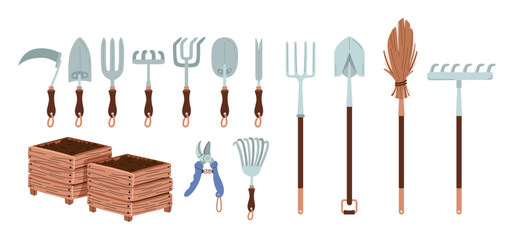 Collection of garden and Agriculture tools. Rake, shovel, pitchfork, broom. Farm instruments set. spades, fork, hoe, scythe, Weeder, spades, fork. Growing vegetables, compost. Vector illustration.