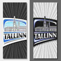 Vector vertical layouts for Tallinn, decorative leaflet with outline illustration of tallinn city scape on day and dusk sky background, art design tourist card with unique lettering for word tallinn