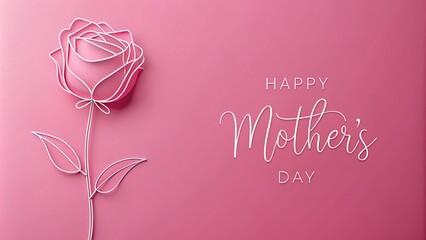 minimalist rose flower outline  with "happy mother's day" line art mockup with copy space  on pink background 