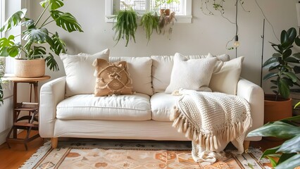 Stylish modern bohemian living room featuring a cozy sofa, neutral colors, and plants. Concept Modern Bohemian Decor, Cozy Sofa, Neutral Colors, Indoor Plants