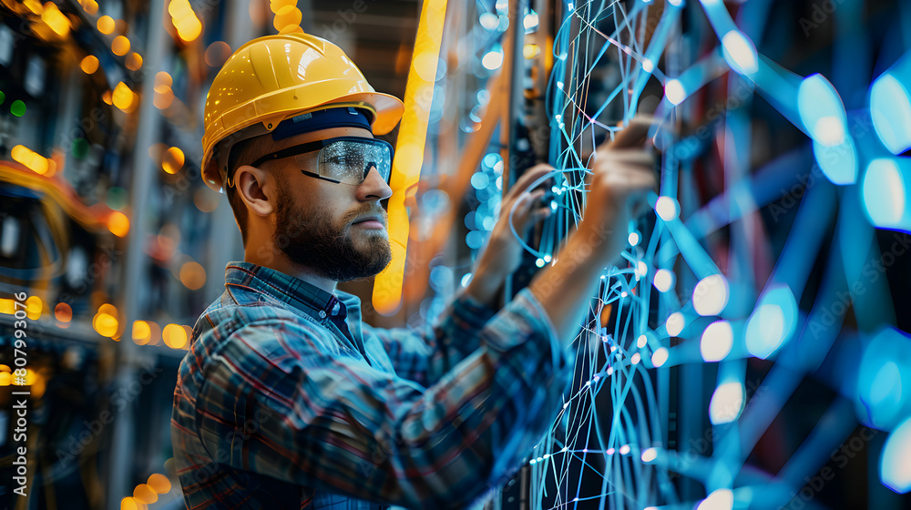 Poster photo realistic of electrical engineer analyzing power distribution network for energy optimization