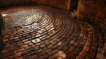 Illuminate the intricate geometry of a brick labyrinth, its winding paths a testament to the artistry of construction.