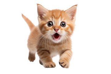 A cute ginger kitten is running towards the camera with its mouth wide open. It has big eyes and a fluffy tail.