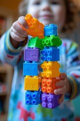 Naklejka premium A young child holding a stack of colorful lego blocks, AI