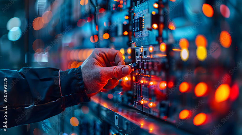 Poster electrical engineer configuring control system for manufacturing plant - automation protocols aligne