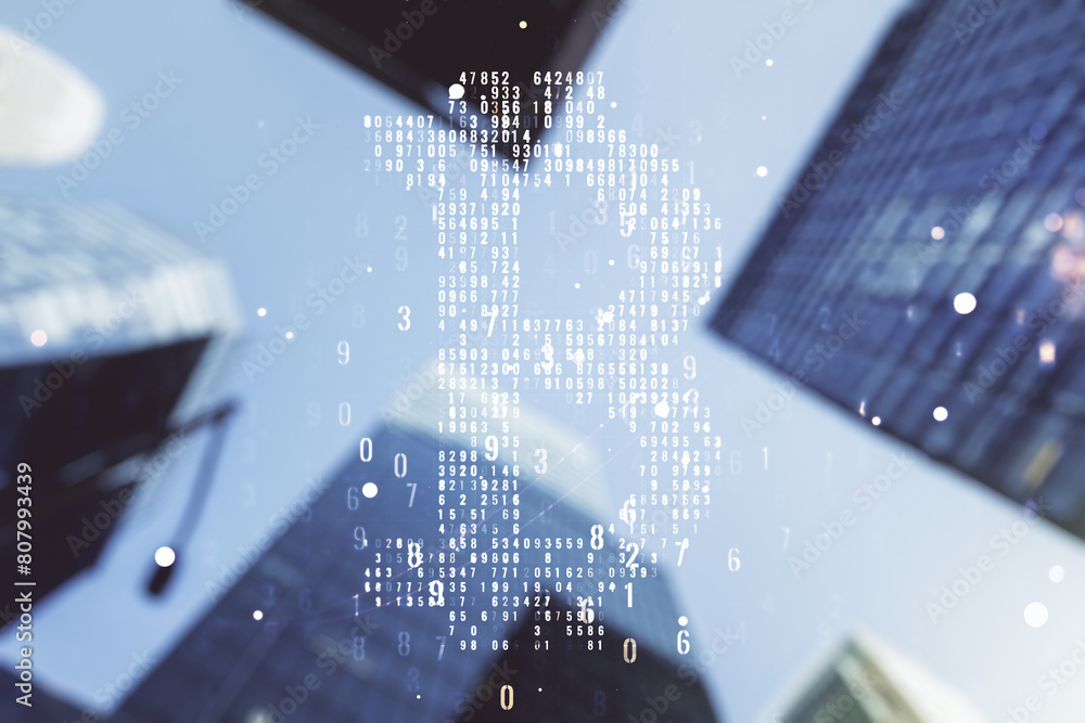 Aufkleber virtual bitcoin sketch on modern architecture background. double exposure