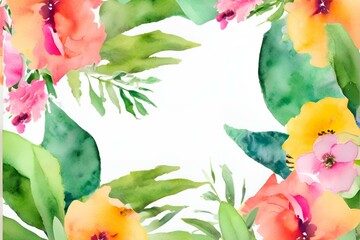 Watercolor palm trees and exotic flowers background with space for Text, Vibrant hues of green, yellow, and pink watercolor palm trees and exotic flowers background with space for Text