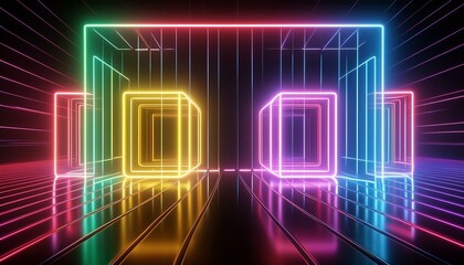 multicoloured neon square shinning bright colours black reflective background