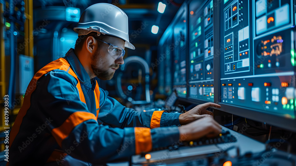 Poster photo-realistic image of an electrical engineer developing smart grid concept integrating renewable 