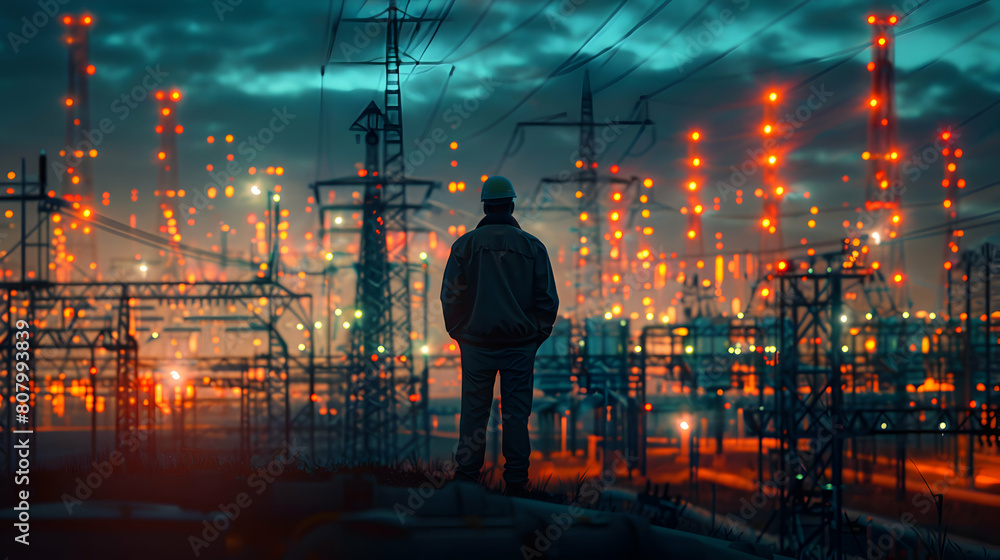 Poster photo realistic image of an electrical engineer developing a smart grid framework integrating renewa