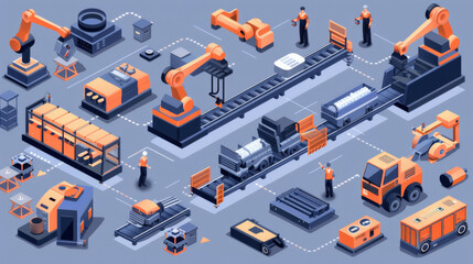 An isometric illustration of a bustling automated factory floor