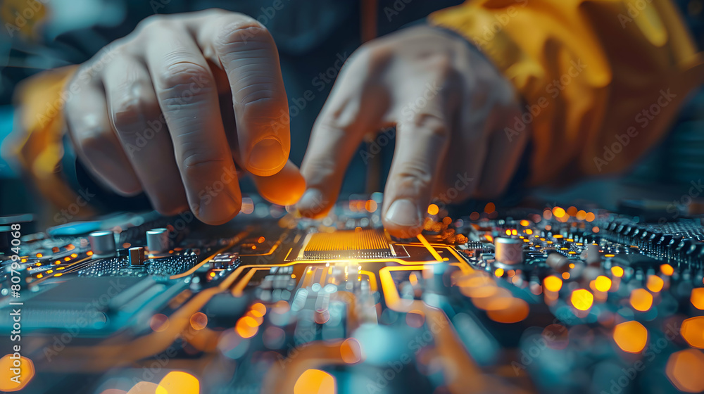 Poster experienced electrical engineer ensuring circuit board functionality in realistic photo stock concep