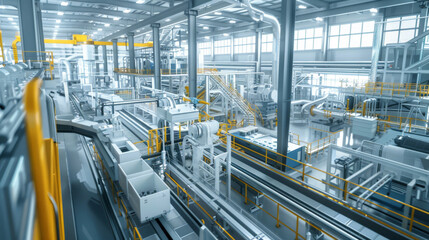 A modern bustling industrial factory interior with complex machinery