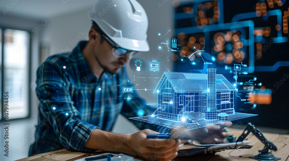 Poster photo realistic shot of an electrical engineer reviewing smart home automation systems and configuri