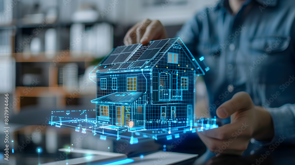 Poster tech-savvy electrical engineer reviewing smart home automation concept for device integration and ne