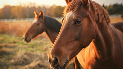 Two horses basking in the golden hour sunlight
